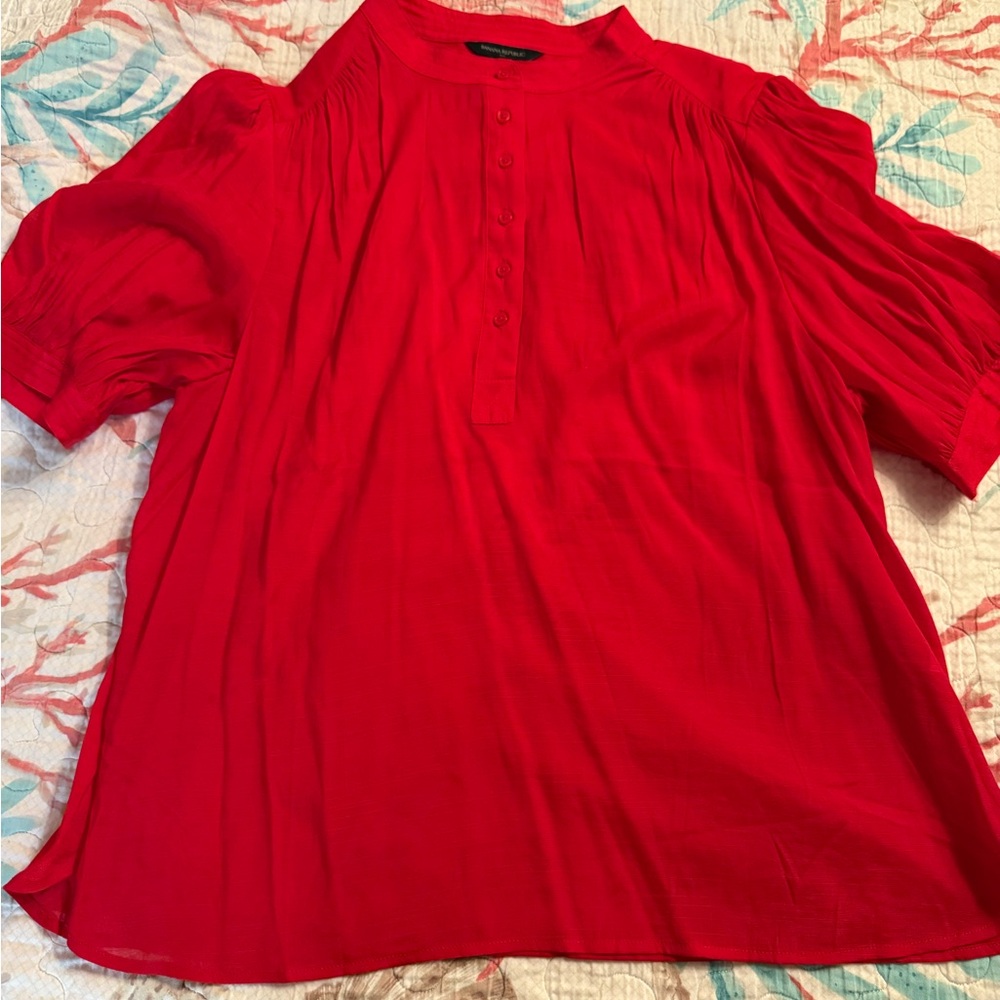 Bold Red Boxy Short Sleeve Blouse with Mandarin Collar